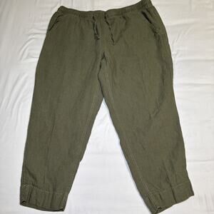 LL Bean Womens Petite 16 Elastic Waist Olive Green Pants 100% Linen Pockets EUC